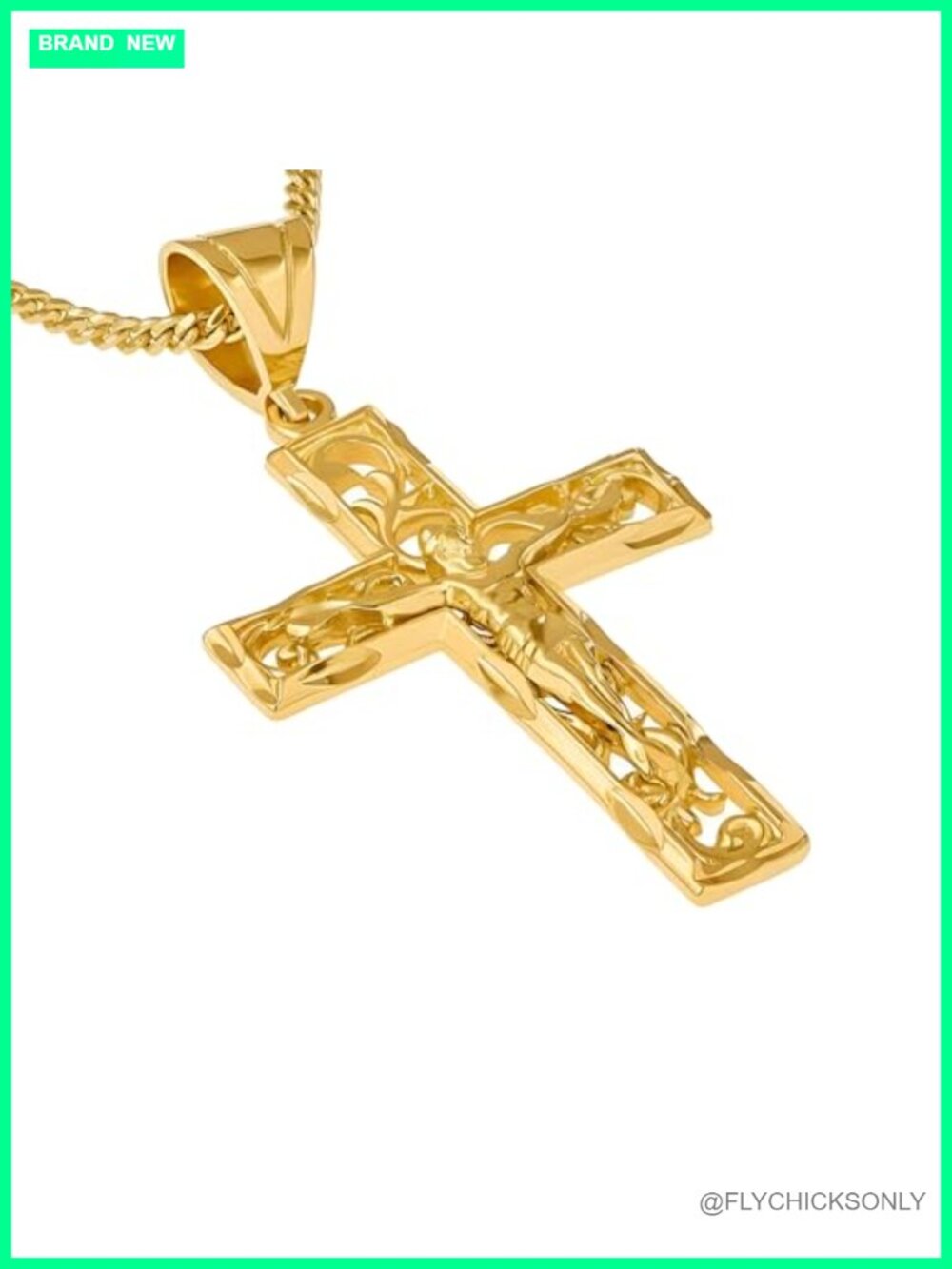 24k Gold Plated Filigree Crucifix Cross Necklace Pendant with 20" Chain